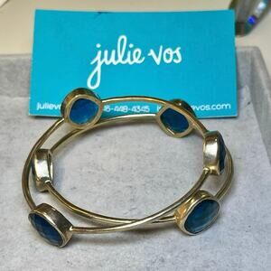 Julie Vos Gold Bangles Set of 3 Blue Stone Stackable Bracelets Boho Layered